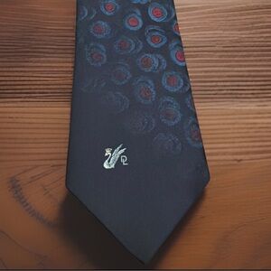 Don Loper Beverly Hills Tie Silk Navy Blue Red Circle Peacock Print 58”x4”